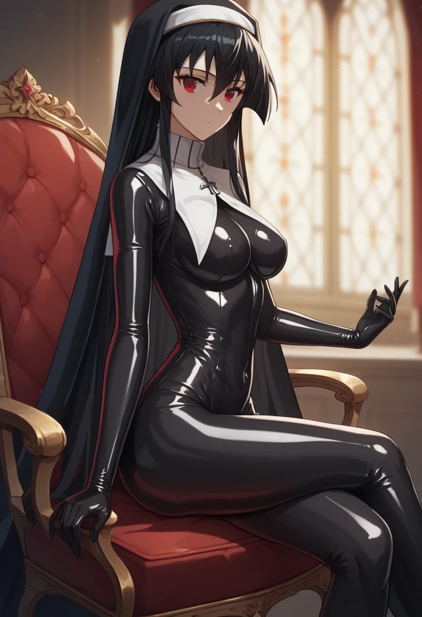 (masterpiece:1.2), best quality, high resolution, unity 8k wallpaper,perfect hands, perfect anatomy,1girl,solo,akame, long hair, black hair, red eyes, hair between eyes,Medium breasts,latex bodysuit nun, latex, nun, bodysuit, skin tight, black   bodysuit, shiny clothes,sitting on chair, crossed legs, from side,looking at me, extremely detailed face, perfect lighting, extremely detailed CG, (illustration:0.8)