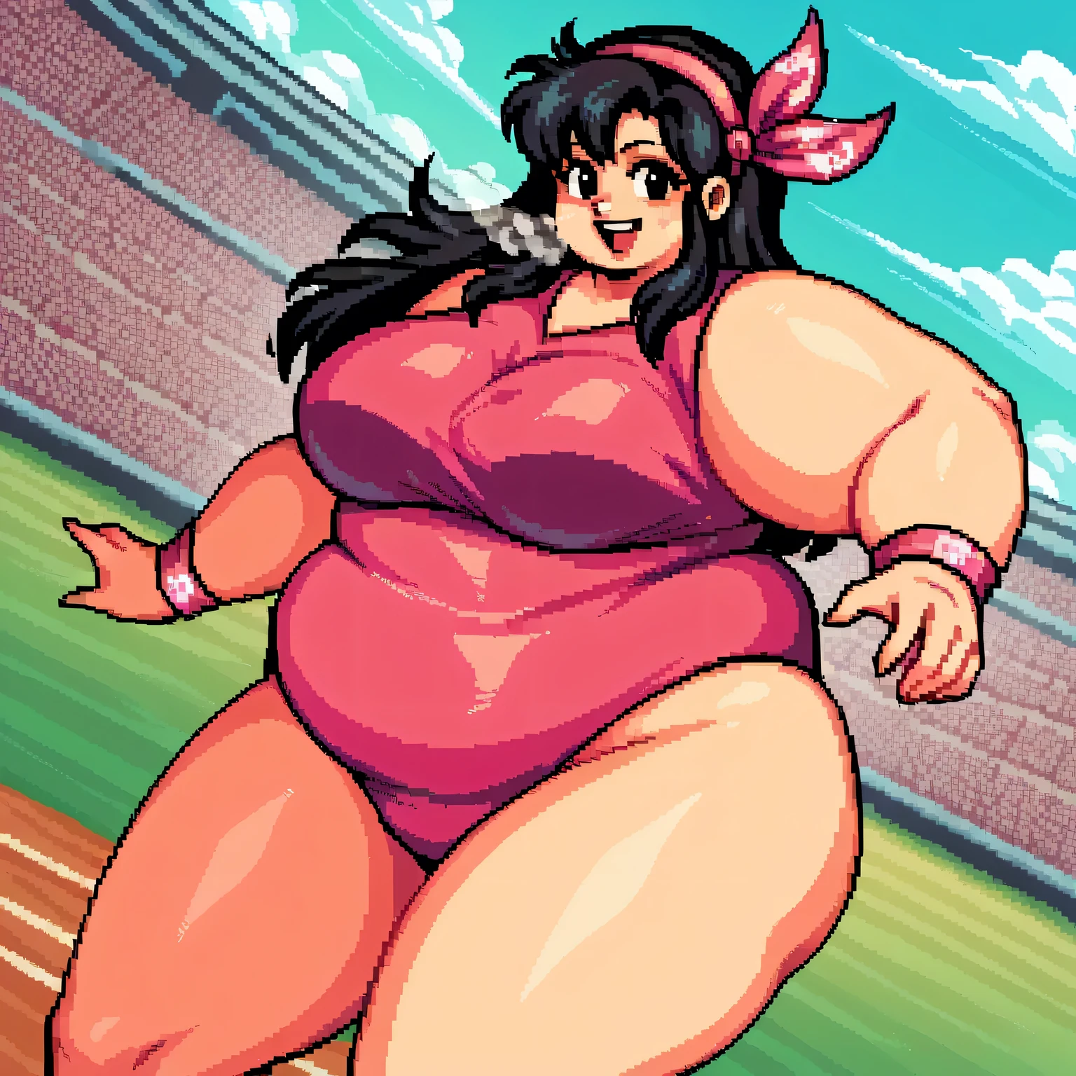 score_9, score_8_up, score_7_up, source_anime, dietgogogirl, long hair, black hair, retro artstyle, black eyes, pixel art, pixelated,, hairband, leotard, wristband, bandana, pink leotard,, outdoors, stadium, smile, looking at viewer, solo, sprint, cowboy shot, dutch angle fat, chubby, obese, gigantic arms and legs, large breasts open mouth, out of breath