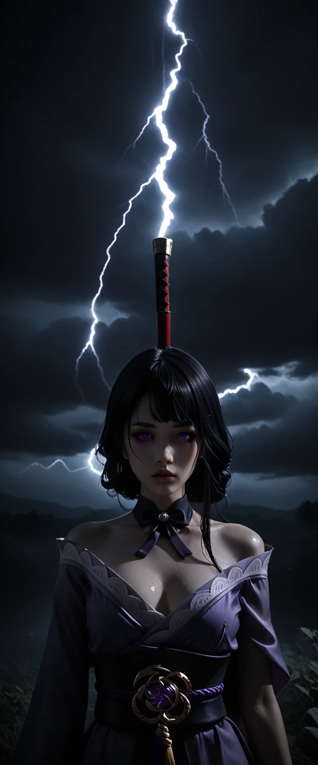 Goddess of thunder and lightning, Majestic and Regal demeanor, wet and beautiful woman , badass and magnificent bearing, exquisitely detailed and life-like, Ultra HD, Photorealistic portrait, heavy winds and rain, epic lighting and shadows, glowing lightning filled purple eyes, symmetrical and aesthetically pleasing, 1girl, Raiden Shogun Ei from genshin impact, extremely detailed goddess of death, highly detailed kimono, extremely detailed and revealing gothic off-shoulder kimono, dark and stormy night, lightning blazing in the skies, extremely detailed and realistic skin, extremely detailed medium perky breasts, dramatic cinematic lighting, intricate details, dramatic atmosphere,dark purple hair, dark moody lighting, lush garden background, dramatic colors, photorealistic, 8k, best quality, masterpiece, deep low-cut neckline showing décolletage, life-like and Photorealistic taken from a Leica m9 50mm 1.2 pouting kissable lips [holding a lighting engulfed Katana]