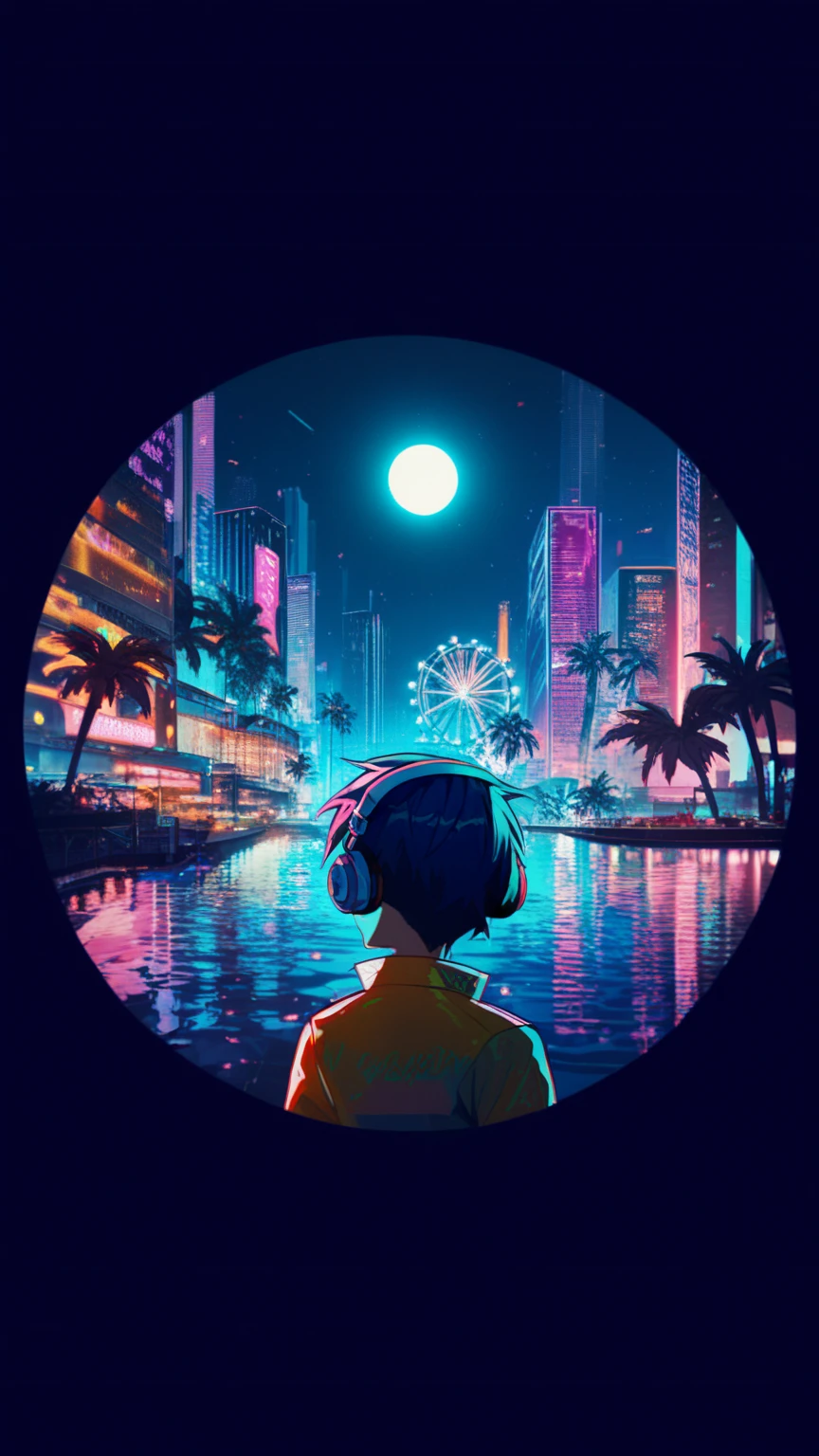 anime style, cool and edgy, thicker outlines, painterly elements, fine details, soft edges, A serene and lively night scene of a futuristic city**, neon lights illuminating tall buildings, palm trees, and a Ferris wheel, person with headphones gazing at the water, vibrant reflections, cyberpunk aesthetic, dynamic lighting, tattos, fashionable, posing, expression, stylish, striking, modern, fashion, ((boy)) 