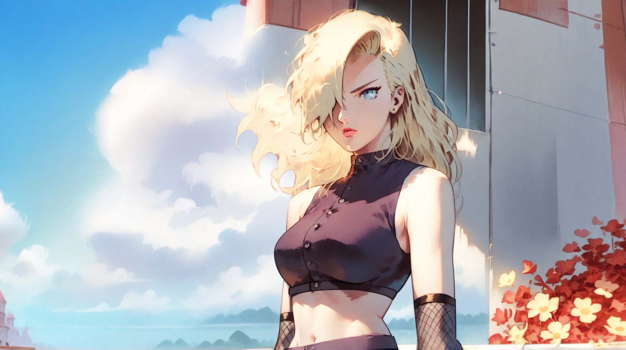 InoLongHairShipuuden, 1girl, midriff, blonde hair, hair over one eye, large breasts, fishnets, blue eyes, crop top, bare shoulders, navel, skirt, groin, cowboy shot