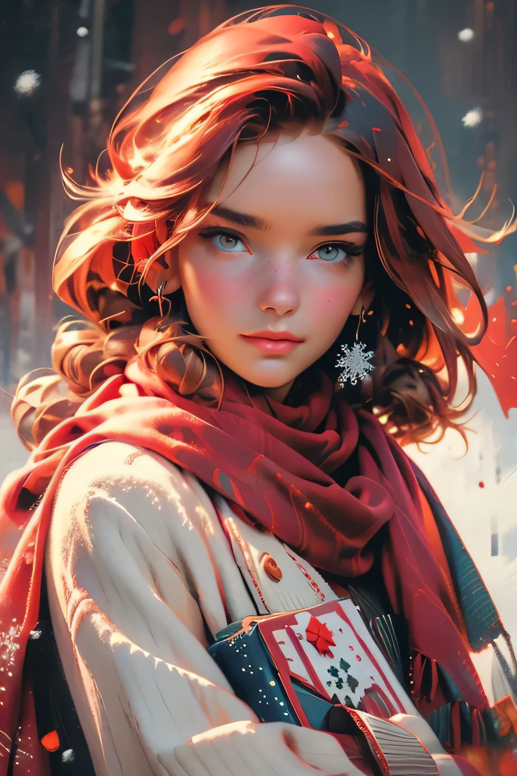 Portrait of a woman in a colorful outfit with a red scarf with snowflakes around his neck, holding a big leather magic book, posing for a photo, focus on eyes, A freckles, cyber girl, pretty face, sparkling simple make up, hippie clothes, sparkling pictures, high quality pictures, christmas tree in background