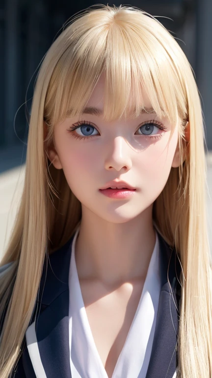  portrait、( school uniform )、young, shiny, very white, bright glossy skin、The best baby face looks、Bite your hair、、Blonde reflection、 natural platinum blonde hair with dazzling highlights 、 shiny bright hair ,、 Smooth, Super Long, Super Long Straight Hair 、Shiny, beautiful bangs、Bangs between the eyes、 bangs over eyes 、Bangs above the face、 big bright sky blue eyes that are shining, clear, extremely vivid、 Very Big Eyes 、very beautiful lovely cute  girl 、Ample Bust、With slit、((I could see the whole body))、Small Face Beauty、Round face、 cheek gloss highlights、