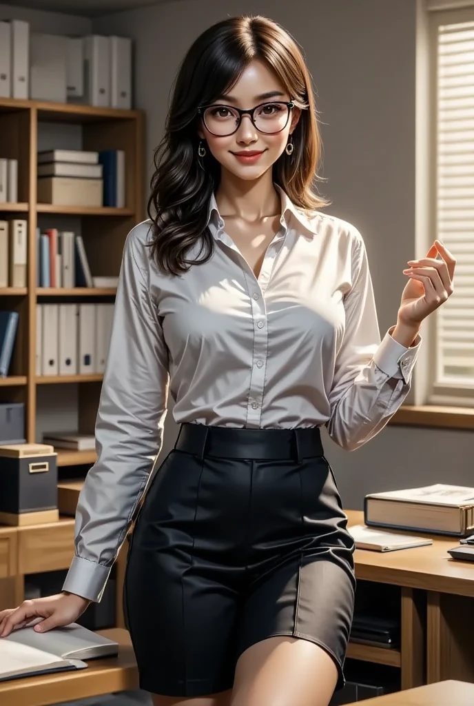 ulzzang-6500-v1.1, (RAW Photos:1.2), (Photorealistic), (See-through:1.3), (Genuine:1.4), １Girl with glasses、22 years old, Blue Eyes of the Sea(Eye details), A shy smile、I keep my hair short、(Elegant silk blouse:1.3), (Ultra-realistic pantyhose:1.2), (flare skirt:1.2), sit in an office and work at a desk、Realistic skin texture、Glowing Skin、Exposed thighs!!! , Makeup、
