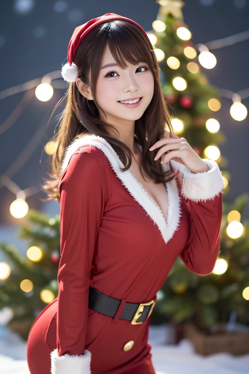 A Japanese model in a bright red Santa cosplay poses for a photo shoot、Bright red outfit、Santa Dress,  looking at camera、Detailed and beautiful eyes、 cute smile、 soft and gentle expression 、 Christmas tree in the background 