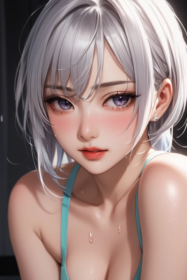 Silver hair and blue eyes, Short hair, Black shirt and no bra, Anime visuals of cute girls, anime movie screenshot, & Her expression is solemn, in the anime film, in an anime, anime visual of a young woman, she has a cute expressive face, still from anime, Big Breast, Red cheeks, Lustful face, Fair skin、(((high-angle, Sleep on your back in bed、Photograph from head to toe from the ceiling)))