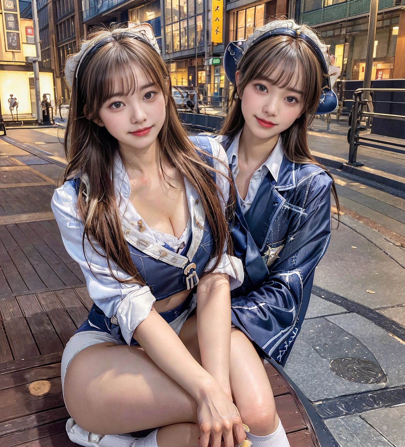 (8k, RAW shooting, Representative works:1.2), 18 years old, (((Highlight one woman))),  highest image quality taken by Ki), ((( Women's College Uniform))), ((( blazer uniform:1.3))), (((bustling street:1.5))), (((Squat down and lift your legs:1.5))), ((( navy blue skirt:1.5))), ((( white panties:1.5))), (((Panties under the skirt: 1.5))), ローファー, ((( highlight the chest:1.5))), ((( panties:1.5))), (((From directly below:1.5))),  Big Breasts , Butt,  cute faces ,  big eyes, Oblique eyes,  thin lips, ボブヘア, イラストスタイル,  Japanese,  beautiful women, ボーイッシ, ( RAW photos , masterpiece:1.2),  more,  super high resolution , (リアル, Photo realistic:1.37), ポートレート,  Highly Detailed RAW Color Photo ,  professional photos ,  very delicate and beautiful at a hot spring facility,  very detailed, Amazing, Fine details,  huge file size ,  Official Art ,  Extremely Detailed Beautiful Girl ,  very detailed face,  very detailed eyes,  very detailed skin,  very detailed fingers,  very detailed nose, (((A melancholic smile:1.2))),  top quality, (((cowboy shot:1.5))), Masterpiece, 16k, 8k, 4K, highres, best quality, high quality, super detail, anatomically correct, textured skin, high details, accurate, UHD, masterpiece