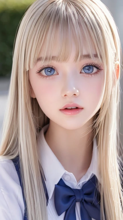  portrait、( school uniform )、young, shiny, very white, bright glossy skin、The best baby face looks、Bite your hair、、Blonde reflection、 natural platinum blonde hair with dazzling highlights 、 shiny bright hair ,、 Smooth, Super Long, Super Long Straight Hair 、Shiny, beautiful bangs、Bangs between the eyes、 bangs over eyes 、Bangs above the face、 big bright sky blue eyes that are shining, clear, extremely vivid、 Very Big Eyes 、very beautiful lovely cute  girl 、Ample Bust、With slit、((I could see the whole body))、Small Face Beauty、Round face、 cheek gloss highlights、