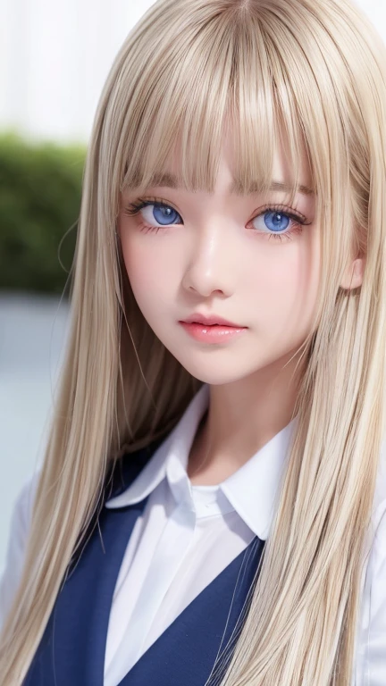  portrait、( school uniform )、young, shiny, very white, bright glossy skin、The best baby face looks、Bite your hair、、Blonde reflection、 natural platinum blonde hair with dazzling highlights 、 shiny bright hair ,、 Smooth, Super Long, Super Long Straight Hair 、Shiny, beautiful bangs、Bangs between the eyes、 bangs over eyes 、Bangs above the face、 big bright sky blue eyes that are shining, clear, extremely vivid、 Very Big Eyes 、very beautiful lovely cute  girl 、Ample Bust、With slit、((I could see the whole body))、Small Face Beauty、Round face、 cheek gloss highlights、