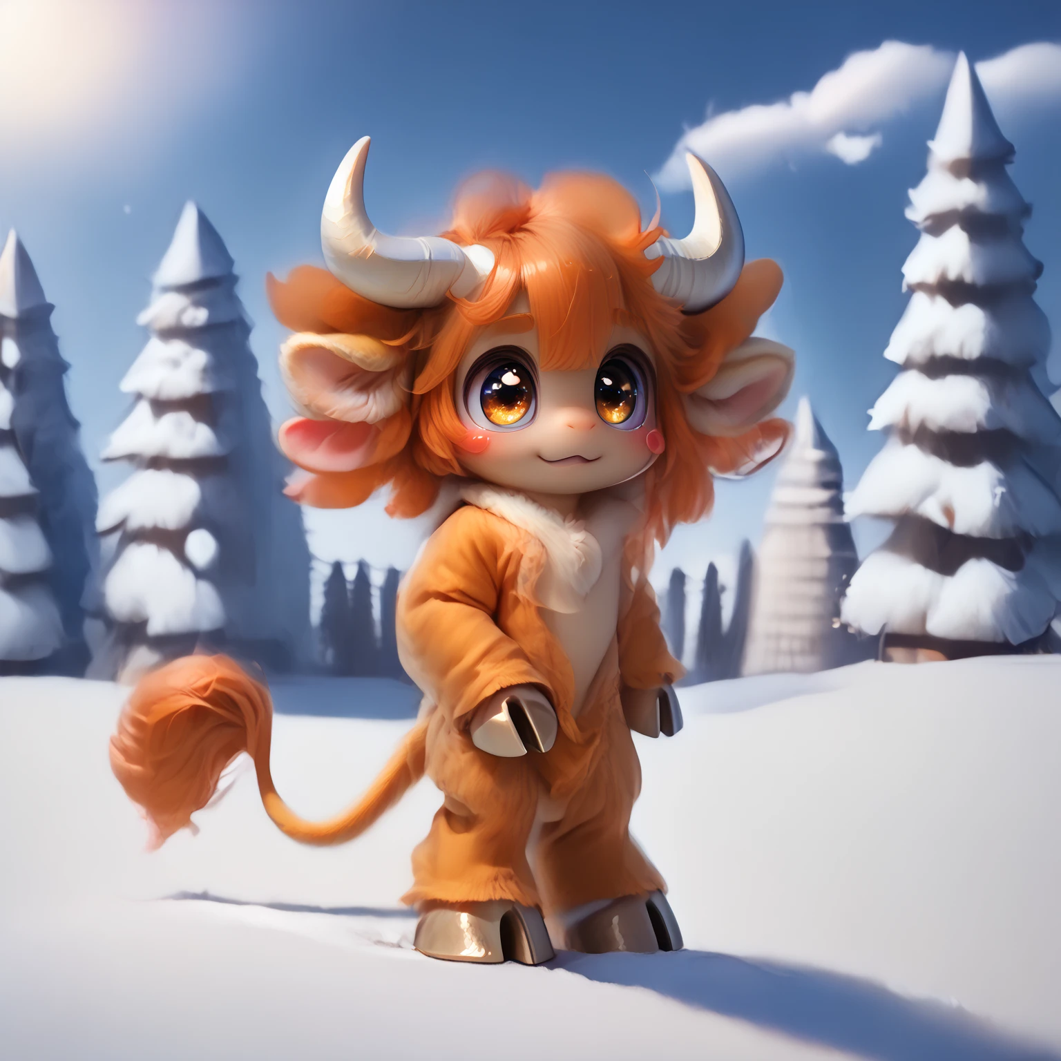 Ian, anthropomorphic bison, bison boy, bushy orange hair, long cow tail, white hooves, white neck fluff, huge white horns, character focus, solo, adorable face, orange fur, orange skin, hair bangs, hair covering sides of face, open arms, snow backround