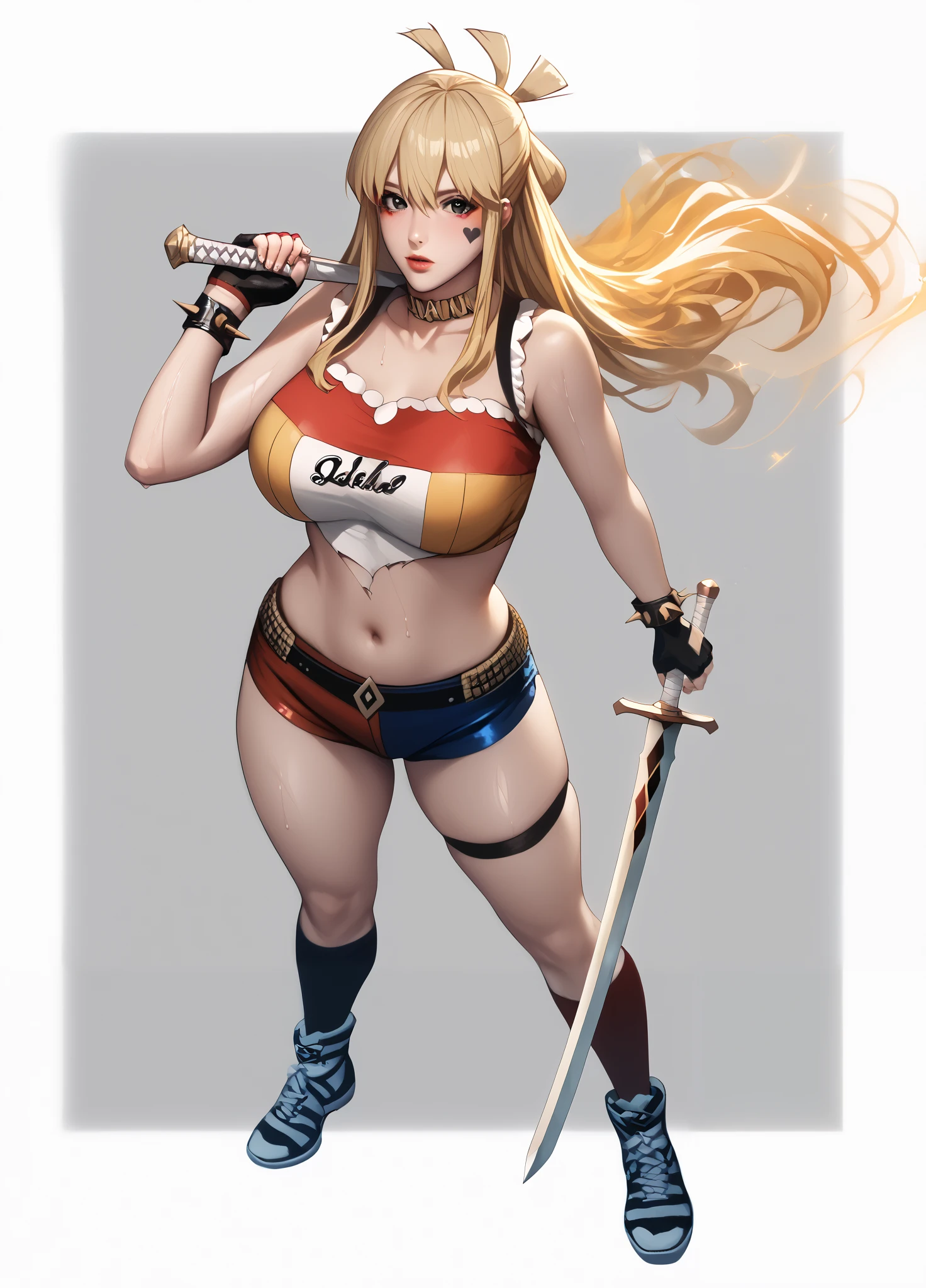 score_9, score_8_up, score_7_up, score_6_up, yumeko suzukiri, long hair, blonde hair, black eyes, half updo, sidelocks, hair between eyes, large breasts, (skindentation:1.2), (thick:1.2), detailed eyes, (perfect hands, perfect anatomy), (anime coloring:1.2),Vector art, Vivid colors, Clean lines, Sharp edges, Minimalist, Precise geometry, Simplistic, Smooth curves, Bold outlines, Crisp shapes, Flat colors, Illustration art piece, High contrast shadows, Technical illustration, Graphic design, Vector graphics, High contrast, Precision artwork, Linear compositions, Scalable artwork, Digital art, excessive sweating, sweating profusely, sweating drop BREAK, magic, fantasy, (aura:1.2), 1girl, solo, breasts, weapon, sword, gloves, holding_weapon, holding, fingerless_gloves, full_body, holding_sword, standing, thighs, looking_at_viewer, thick_thighs, short_sword, BREAK, harley quinn cosplay, harley quinn (cosplay), bare shoulders, choker, collarbone, cosplay, fingerless gloves, heart, heart tattoo, jewelry, multicolored clothes, multicolored shorts, navel, shorts, spiked bracelet, spikes, stomach, strapless, torn clothes, tube top, two-tone shorts