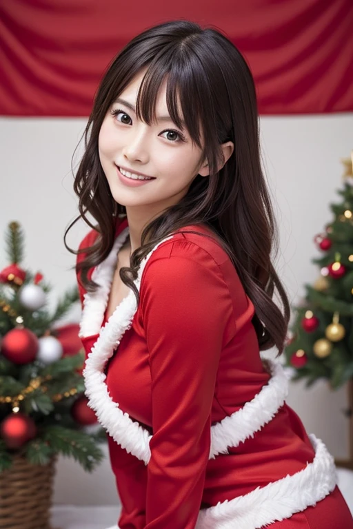 A Japanese model in a bright red Santa cosplay poses for a photo shoot、Bright red outfit、Santa Dress,  looking at camera、Detailed and beautiful eyes、 cute smile、 soft and gentle expression 、 Christmas tree in the background 