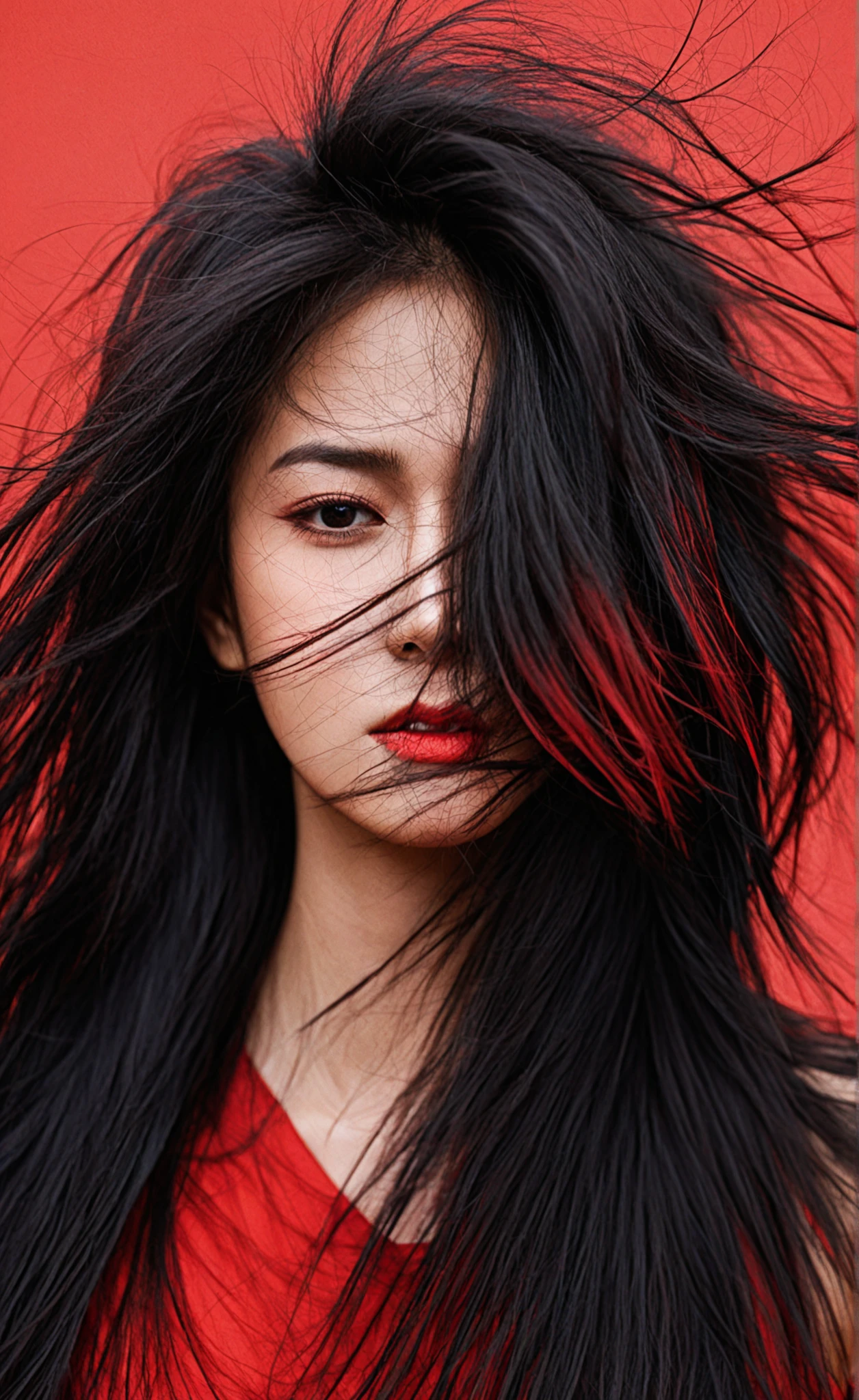 Abstract Female Portrait,undefined hair, red and black color palette,Blurred boundaries, upper body, broken visual style ,evokes feelings of rebellion and passion,