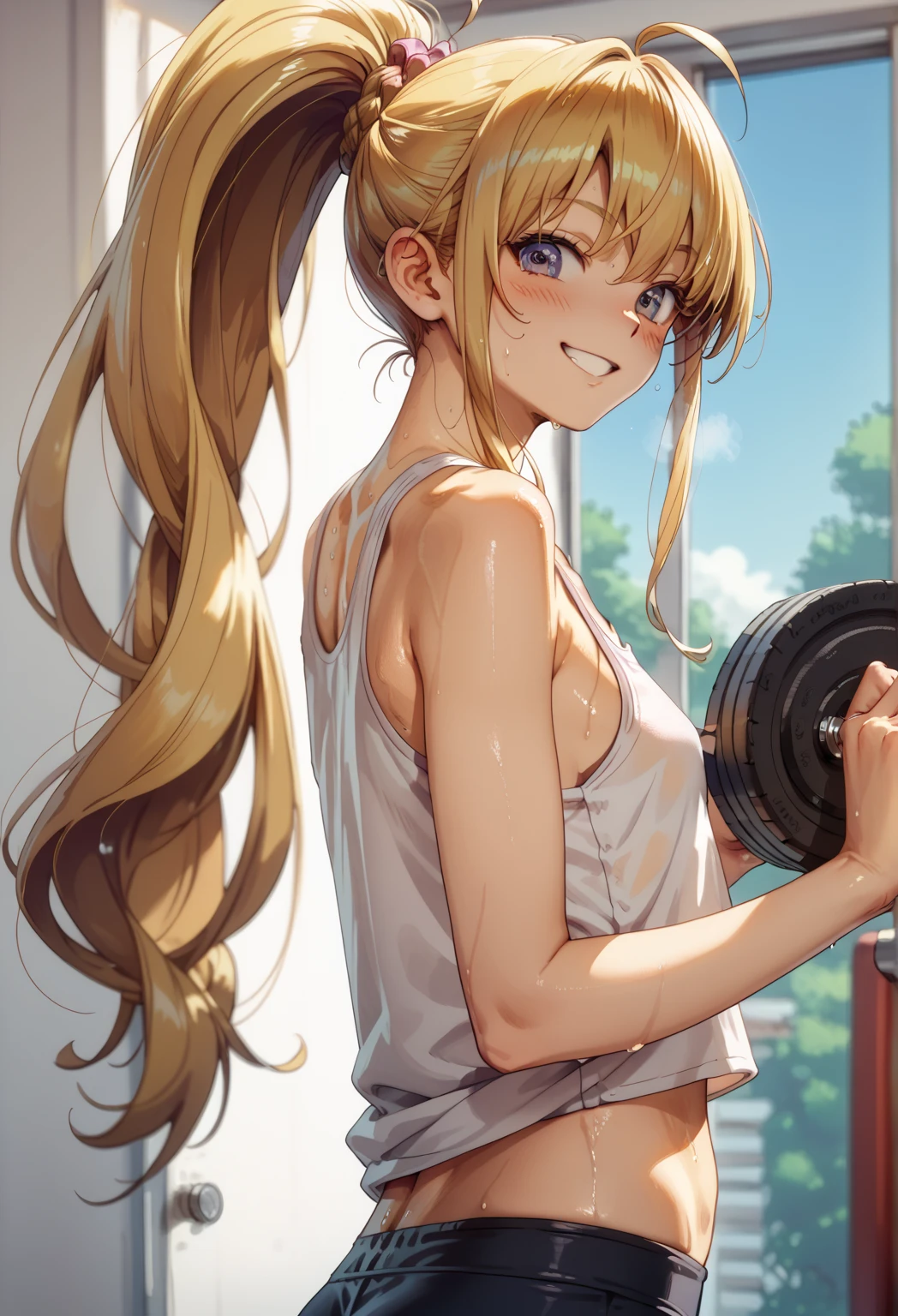 Bisky,Biscuit Kreuger, Golden Hair , long hair, long ponytail, small breasts,Petite,Bare shoulders,spats,Tank top, workout clothes,blush, provocative smile ,sweat,sweatだく, Looking Back, viewers of the pin