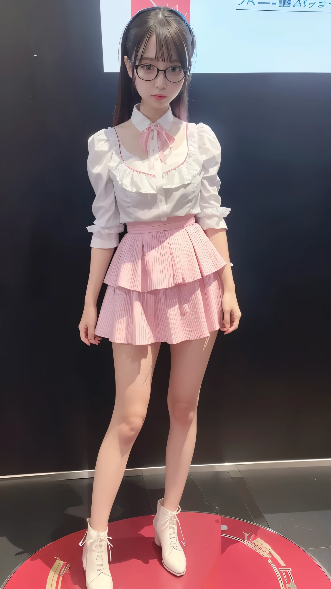 (8k、RAW Photos、highest quality、masterpiece:1.2)、(Realistic、Realistic)、1 girl、((Frill Costume、Belly button、頭にribbon、White and pink、ribbon、Magical Girl Cosplay、boots、See-through、mini skirt、Large Breasts、View from the front、stage、Standing with hands on hips))、Lots of eyelashes、Glowing eyelids、skeletally correct
