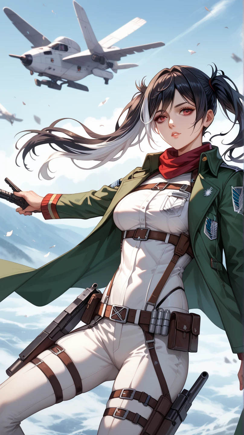 Historia, medium breasts, belt, thigh strap, red scarf, black pants, brown jacket, holding weapon, sword, dual wielding, three-dimensional maneuver gear, bleats exposed from damaged clothe, blood in face , in the deep forest, in the battle field, stunning innocent symmetry face, the perfect body, Average Breasts, Slim waist, Slim legs, (high skin detail:1.4), deep Yellow eyes, upper body, chest exposed, focus on breasts, brown short jacket