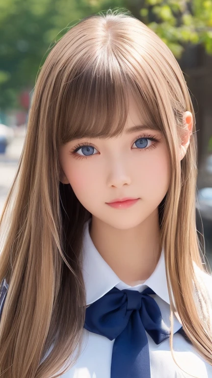  portrait、( school uniform )、young, shiny, very white, bright glossy skin、The best baby face looks、Bite your hair、、Blonde reflection、 natural platinum blonde hair with dazzling highlights 、 shiny bright hair ,、 Smooth, Super Long, Super Long Straight Hair 、Shiny, beautiful bangs、Bangs between the eyes、 bangs over eyes 、Bangs above the face、 big bright sky blue eyes that are shining, clear, extremely vivid、 Very Big Eyes 、very beautiful lovely cute  girl 、Ample Bust、With slit、((I could see the whole body))、Small Face Beauty、Round face、 cheek gloss highlights、