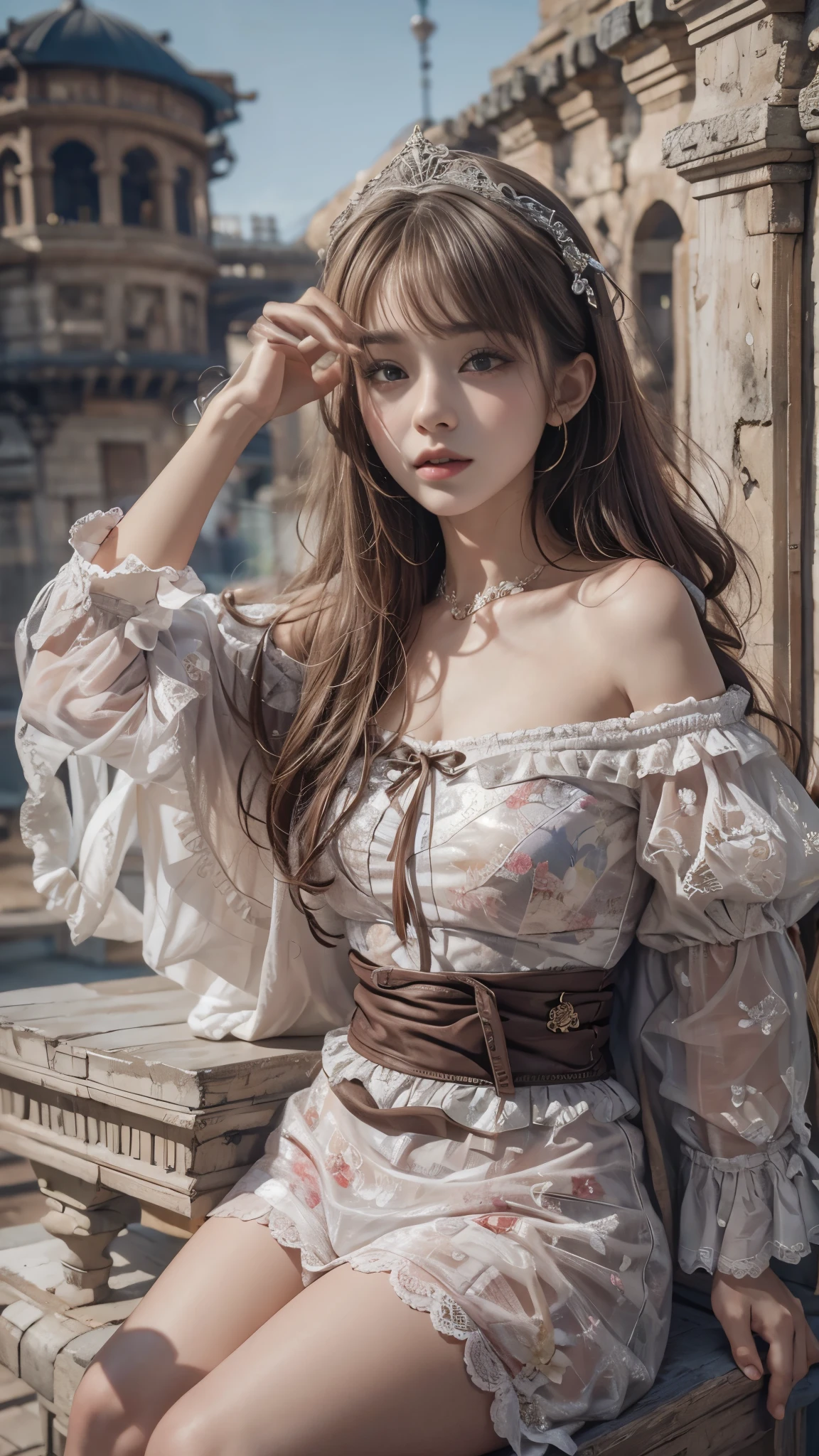 （8k， RAW photos， Best quality， masterpiece：1.2），（Realistically， Shoot real：1.4)，1 Girl，looking at camera，Lolita clothing，Lace， Iris Gainsborough， perfect thighs， underwear，Expose bare shoulders， external， ancient castle， high quality， Adobe Lightroom， High Detail Skin，