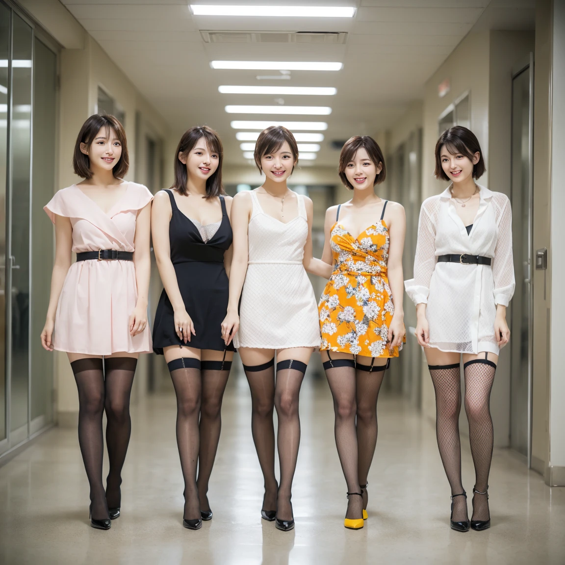 (A close-up photo of two beautiful Japanese office ladies), Everyone looking at the viewer, ((All standing side by side)), (in a large office), (All laughing), Highest Resolution, masterpiece, (All wearing elegant formal white sleeveless blouse, white bow-tie and red panties), All wearing earrings, (All exposing thigh), midriff-baring