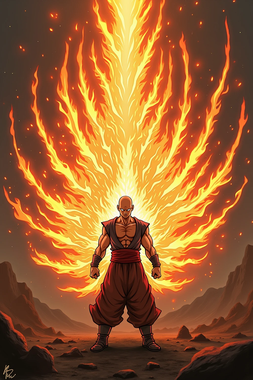 son goku, super saiyan, blonde hair,  hands raised in a fighting stance, closed fights, torn orange dougi, blue boots, dirty and bloody, shirtless, yelling, angry, powerful blue aura around him, looking to the right side, feet planted to floor, (((erupting fiery volcano mountain in the background))), dark thunderous clouds in the sky, mature face, muscular body, blue eyes,  <lora:son_goku_offset:1>,  <lora:lora_perfecteyes_v1_from_v1_160:0.3>