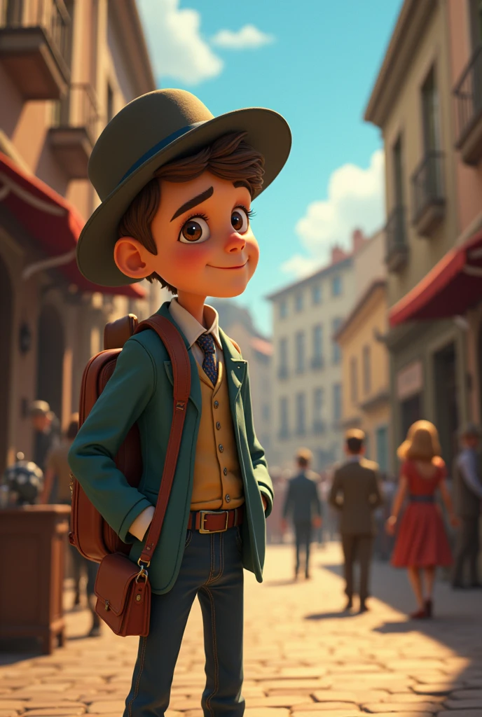 Create the image of Saci Pererê ( Black , with only one leg, sem muleta, with shorts and red cap just, with a pipe in his mouth ) being stopped by guards in front of Cinderella's castle all in 2D and the night