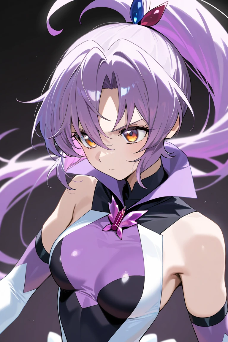 1girl, purple hair, long hair, ponytail, amber eyes, magical girl, precure, symphogear, cinematic angle,, (masterpiece), (best quality), perfect composition, no background,