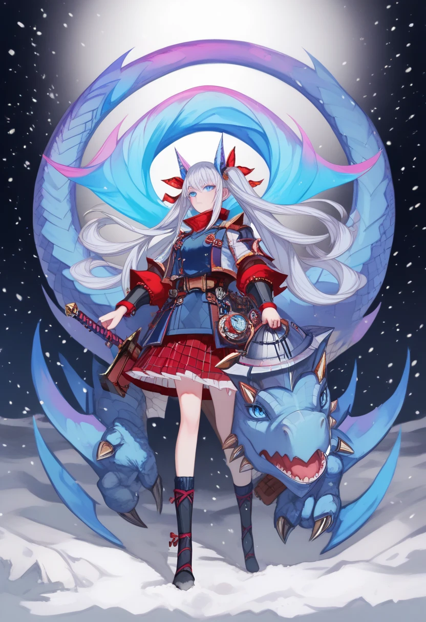  virtual character design， Concept Character List ，Female teenage girls，8k， full body vertical painting，knight，Twin ponytails，White hair and blue eyes， skirt，Plush领子，Holding a long sword，Delicate face，Dragon Hunter， blue and white tone ，snow，Colorful， is colorful，cute，Ultra-delicate，Plush，Handsome