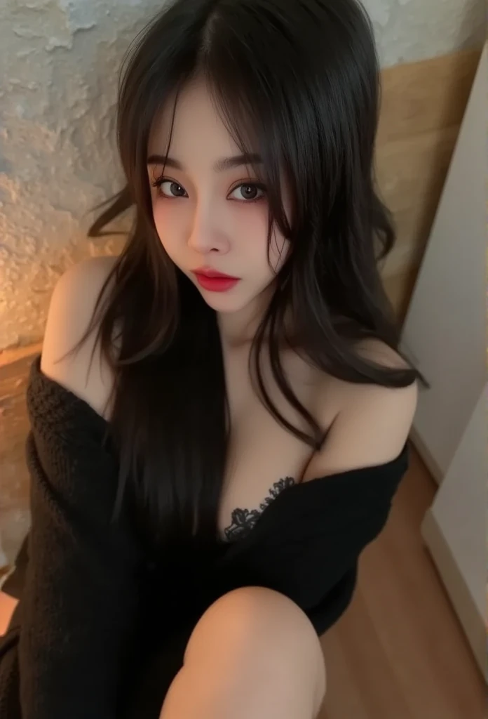 25 year old woman, long hair, natural breasts, wearing an off shoulder sweater that reveals cleavage, thighs, she sits in the corner of the room, film tone, 4K masterpiece details, clear focus, deep focus (night light), shot from above.