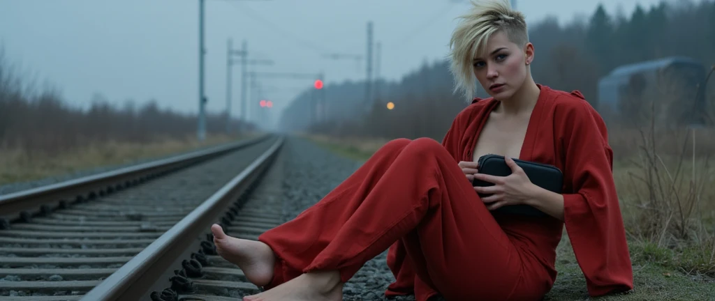 A very slim, lean, fearless adult female Norwegian with blonde hair asymmetrical pixie-cut and shaved on one side is A destitute woman sitting beside the train tracks, wrapped only in a ragged coat that's too large for her small frame. Her hair is tangled and falling into her face, which is gaunt and lined with despair. She clutches a small, tattered suitcase to her chest, her feet bare and bruised. The backdrop is a foggy railway yard with distant headlights of an approaching train cutting through the mist.