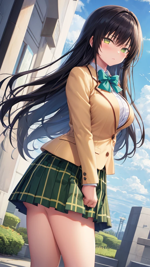 masterpiece, best quality, defYui, yellow blazer, long sleeves, green bowtie, plaid skirt, large breasts, furrowed brow, looking at viewer, blue sky, clouds, 