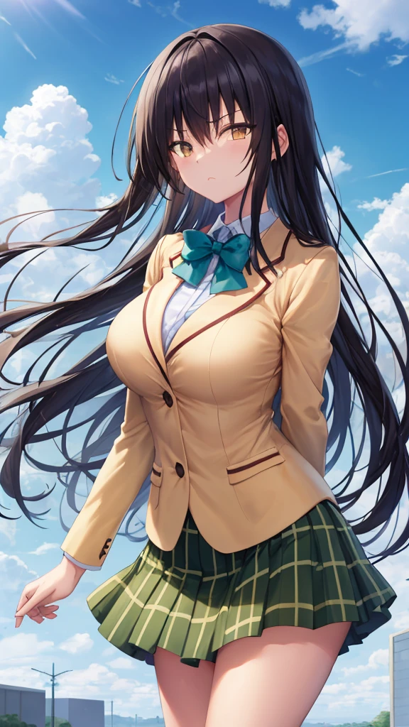 masterpiece, best quality, defYui, yellow blazer, long sleeves, green bowtie, plaid skirt, large breasts, furrowed brow, looking at viewer, blue sky, clouds, 