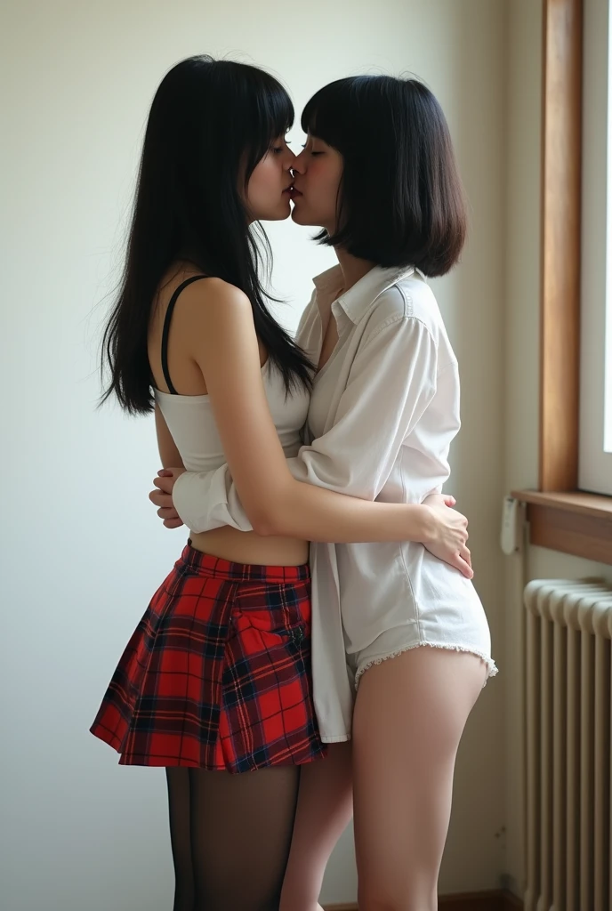 masterpiece, best quality, sexual act,2girls, kissing, masturbation, smile, from side, touch each other's genitals, spread legs, outside, naked, lift up the skirt
