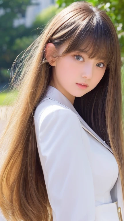  portrait、( school uniform )、young, shiny, very white, bright glossy skin、The best baby face looks、Bite your hair、、Blonde reflection、 natural platinum blonde hair with dazzling highlights 、 shiny bright hair ,、 Smooth, Super Long, Super Long Straight Hair 、Shiny, beautiful bangs、Bangs between the eyes、 bangs over eyes 、Bangs above the face、 big bright sky blue eyes that are shining, clear, extremely vivid、 Very Big Eyes 、very beautiful lovely cute  girl 、Ample Bust、With slit、((I could see the whole body))、Small Face Beauty、Round face、 cheek gloss highlights、