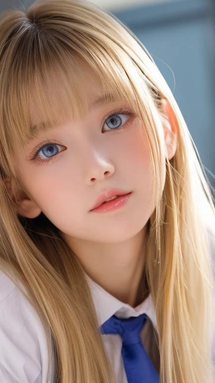  portrait、( school uniform )、young, shiny, very white, bright glossy skin、The best baby face looks、Bite your hair、、Blonde reflection、 natural platinum blonde hair with dazzling highlights 、 shiny bright hair ,、 Smooth, Super Long, Super Long Straight Hair 、Shiny, beautiful bangs、Bangs between the eyes、 bangs over eyes 、Bangs above the face、 big bright sky blue eyes that are shining, clear, extremely vivid、 Very Big Eyes 、very beautiful lovely cute  girl 、Ample Bust、With slit、((I could see the whole body))、Small Face Beauty、Round face、 cheek gloss highlights、