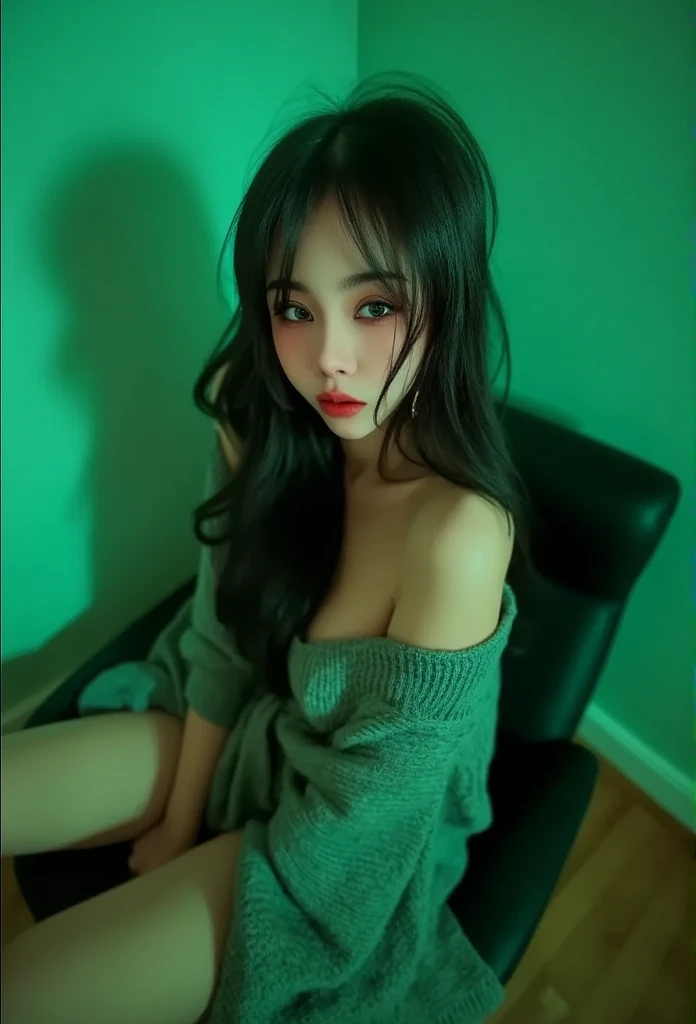 25 years old young woman, long hair, natural breasts, wearing an off shoulder sweater that reveals cleavage, thighs, she sits in the corner of the room, film tone, green neon light, 4K masterpiece details, clear focus, deep focus (night light), shot from above.