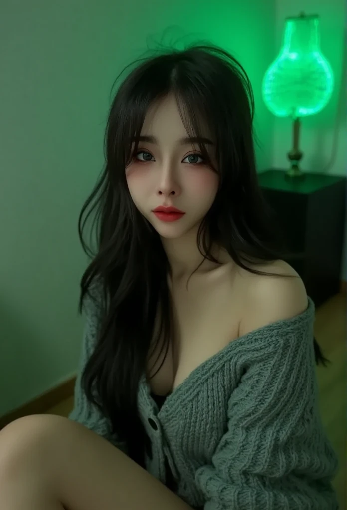 25 years old young woman, long hair, natural breasts, wearing an off shoulder sweater that reveals cleavage, thighs, she sits in the corner of the room, film tone, green neon light, 4K masterpiece details, clear focus, deep focus (night light), shot from above.