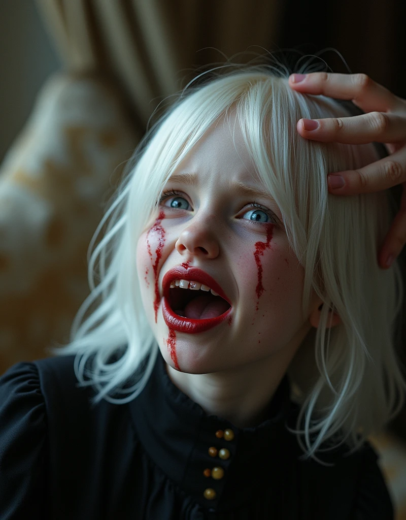 (extremadamente detallado, obra maestra, La mejor calidad, foto antigua, principios de siglo, VHS Aesthetics) blond boy with a white face and blood-stained smiling mouth. en la mano tiene un cuchillo lleno de sangre. ciudad nocturna mal iluminada. garras afilada. Light Volumetric