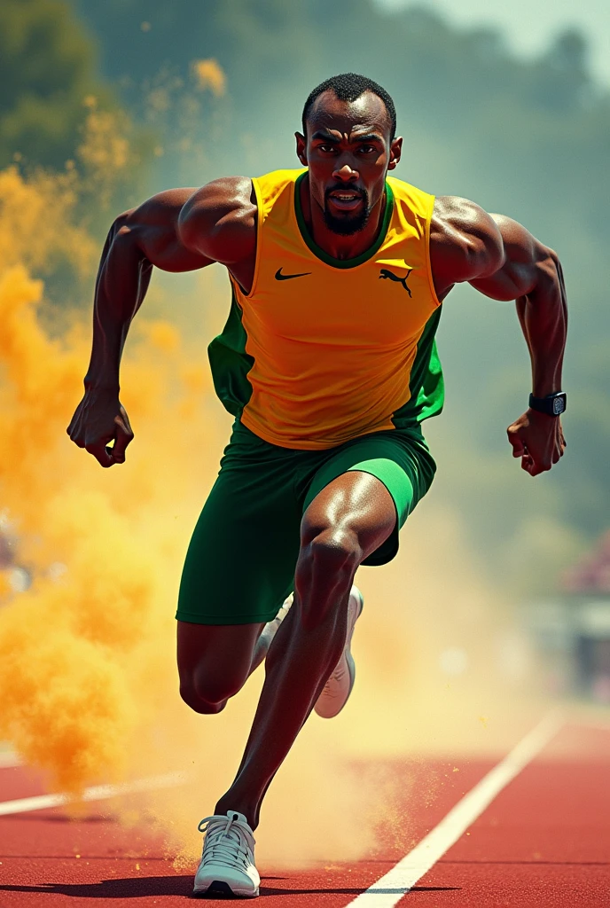"Create a powerful image of Usain Bolt in mid-sprint, muscles flexed, with a determined expression. The background is a dynamic, blurred track under a dramatic sky, emphasizing speed and motion. The quote 'You don’t have to be faster than everyone else; you just have to be faster than you were yesterday.' is written in bold, white letters at the top of the image, with a subtle shadow effect, ensuring it stands out against the vibrant background. Usain Bolt is wearing his signature yellow and green Jamaican jersey." make sure it's 16:9 ratio