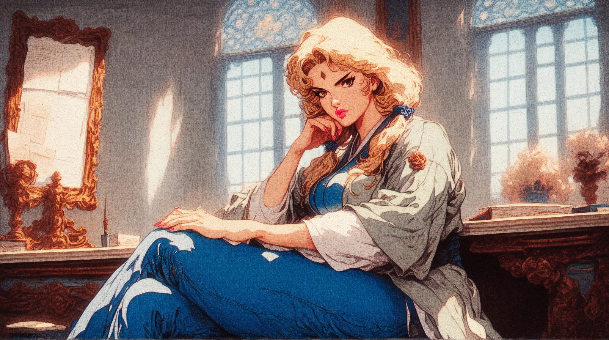 absurdres, masterpiece, best quality, very aesthetic, 1girl, solo,
ChopioTsunade, blonde hair, long hair, low twintails, hair tie, brown eyes, forehead mark, pink lipstick, looking at viewer,
mature female, large breasts, red nails,
outfit_1, green jacket, long sleeves, grey kimono, blue obi, blue pants,
office, desk, chair, sitting, crossed legs, large window, serious,