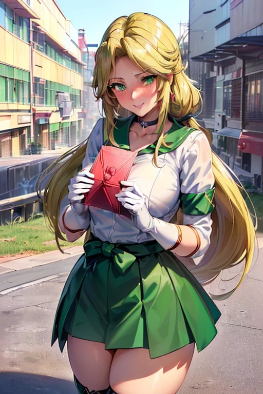 A dark-skinned blonde girl dressed as Sailor Jupiter, wearing green boots and white gloves, making a peace sign at the Comiket venue.　Thick lips