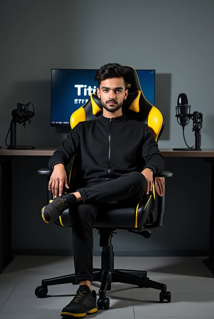 A 18 years old beautiful Indian boy sits on a black gaming chair with yellow accent wearing modern black outfit with color matching shoes behind him is a desk with computer monitor or laptop displaying Chandan Lala in large bold letters the room has modern design with grey walls and floor, there's a mic stand with mic setup adjusted near the face of the boy