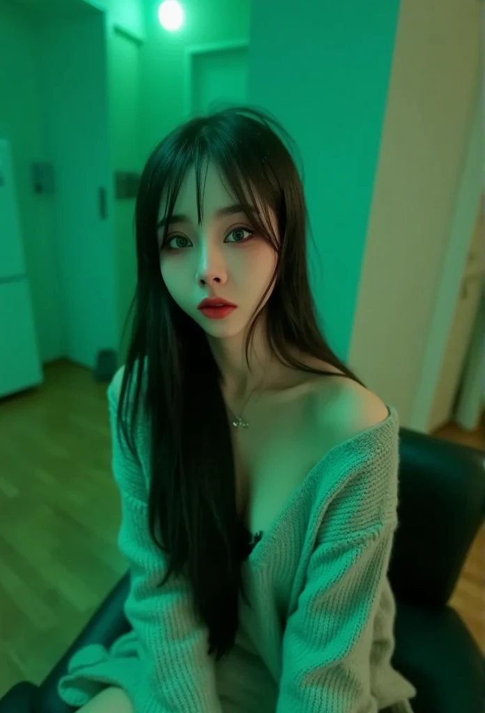 25 years old young woman, long hair, natural breasts, wearing an off shoulder sweater that reveals cleavage, thighs, she sits in the corner of the room, film tone, green neon light, 4K masterpiece details, clear focus, deep focus (night light), shot from above.