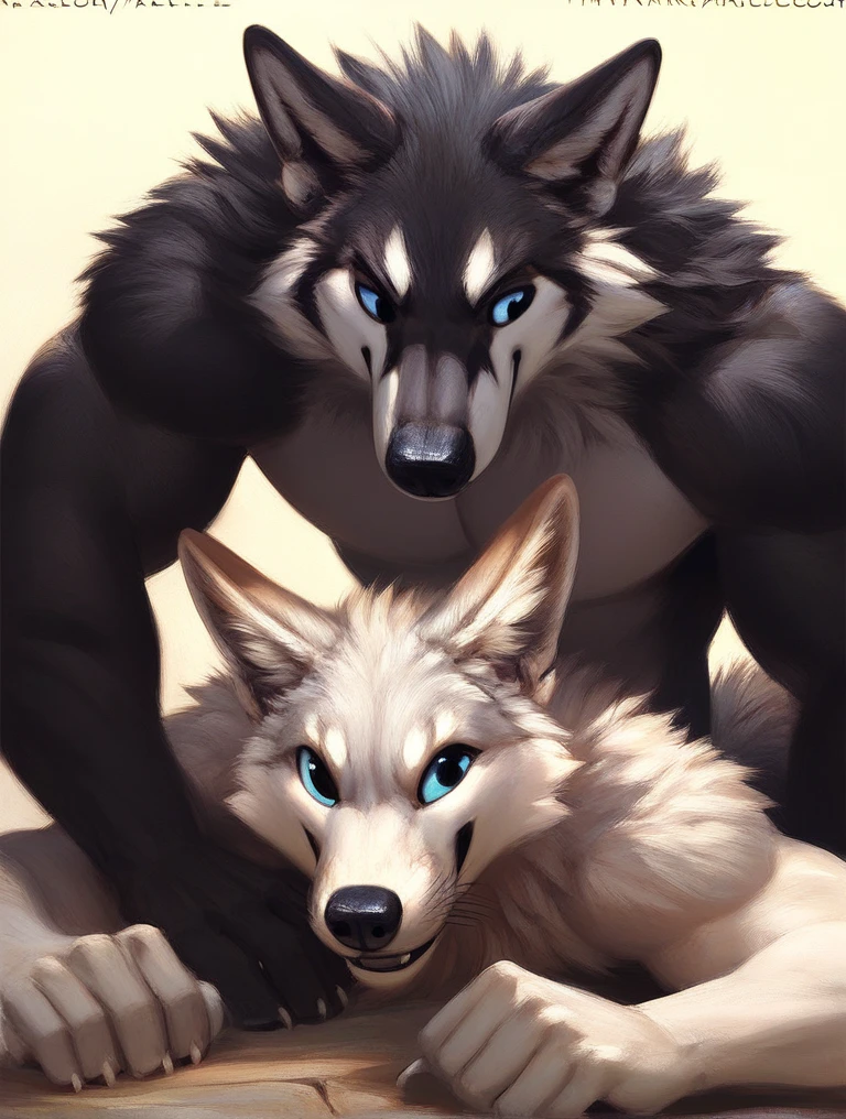 score_9, score_8_up, score_7_up, source_furry, rating_safe, by kenket, anthro, duo, male/male, wolf, black body, blue eyes, fox, white body, doggy style, on belly, big biceps
