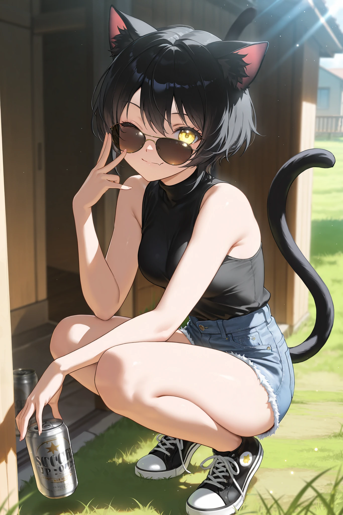 (masterpiece, best quality), (score_9,score_8_up,score_7_up), (highly-detailed), RAR, 
solo, (young woman, 21 years old), (short stylish black hair), (bright yellow eyes behind cool sunglasses), (nice body, curvaceous, fit), medium breasts, cute face, (cat ears, cat tail), 
sleeveless black top, denim low-waist mini shorts, thighs, legs, black converse shoes, mischievous, joyful, [cute feline fang], playful, blush, cute smile, 
squatting, gangsta pose, (holding 1beer_can), modelo_beercan, side angle, half-eyelids, victory sign, wink,  
outdoors, outside house, front lawn, grass, 

(masterpiece, best quality), (score_9,score_8_up,score_7_up), (highly-detailed, extra detail, intricate details), breathtaking visuals, intricate glowing details, cool dreamy aesthetics, raytracing, 8k, ultra high definition, (subtle depth of field:0.25), (subtle bloom:0.5), soft lights, rich vivid colors, light particles, super cool special effects, glowing details, vibrant textures, dramatic lighting, captivating visuals, smooth anime style, (dappled sunlight:1.2)