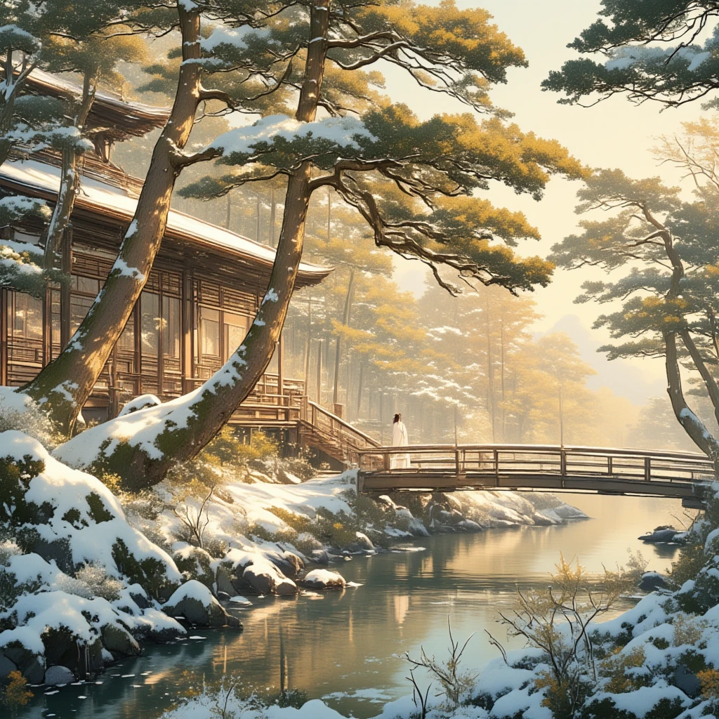 A grand winter landscape featuring snow-covered Japanese black pine trees (Kuromatsu) with their twisted and curved trunks in traditional Japanese style. The heavy snow clings to the needles, creating a serene contrast against the soft golden light. In the foreground, a tranquil pond perfectly reflects the intricate pine trees and snowy branches, enhancing the peaceful atmosphere. In the background, a traditional Japanese building with wood-framed glass windows is partially visible. A beautiful woman, dressed in elegant traditional attire, stands on a wooden engawa (covered corridor) attached to the building, gazing at the majestic winter scenery. The soft golden light highlights the harmony between the natural landscape and the architecture, evoking tranquility and timeless beauty