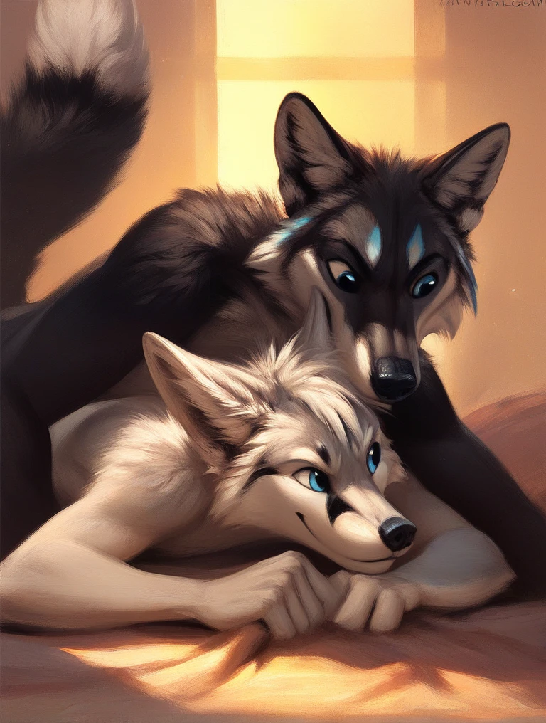 score_9, score_8_up, score_7_up, source_furry, rating_safe, by kenket, anthro, duo, male/male, wolf, black body, blue eyes, fox, orange body, doggy style, bird's eye view, on belly
