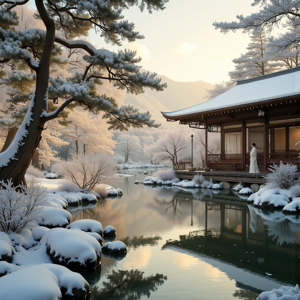 A grand winter landscape featuring snow-covered Japanese black pine trees (Kuromatsu) with their twisted and curved trunks in traditional Japanese style. The heavy snow clings to the needles, creating a serene contrast against the soft golden light. In the foreground, a tranquil pond perfectly reflects the intricate pine trees and snowy branches, enhancing the peaceful atmosphere. In the background, a traditional Japanese building with wood-framed glass windows is partially visible. A beautiful woman, dressed in elegant traditional attire, stands on a wooden engawa (covered corridor) attached to the building, gazing at the majestic winter scenery. The soft golden light highlights the harmony between the natural landscape and the architecture, evoking tranquility and timeless beauty