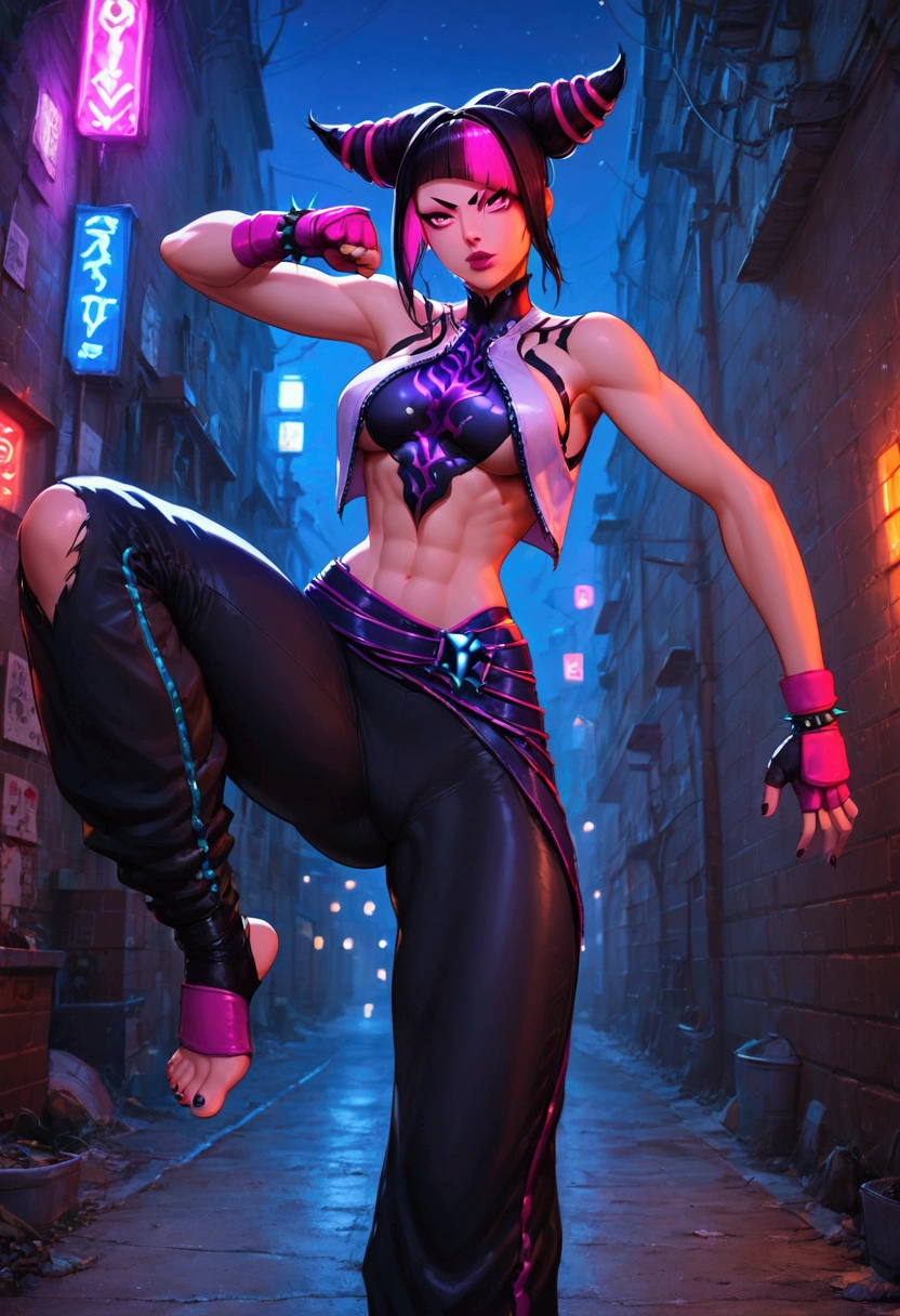 (masterpiece, best quality, very aesthetic, absurd), (8k, RAW photo, best quality), (highly detailed wallpaper), Juri Han, solo, perfect body, black hair, multicolored hair,streaked hair, makeup, lipstick, anatomically correct, Fighting stance, standing on one leg, intense, action poses, dynamic angles, torn clothing, street alley, spectacular night sky background,