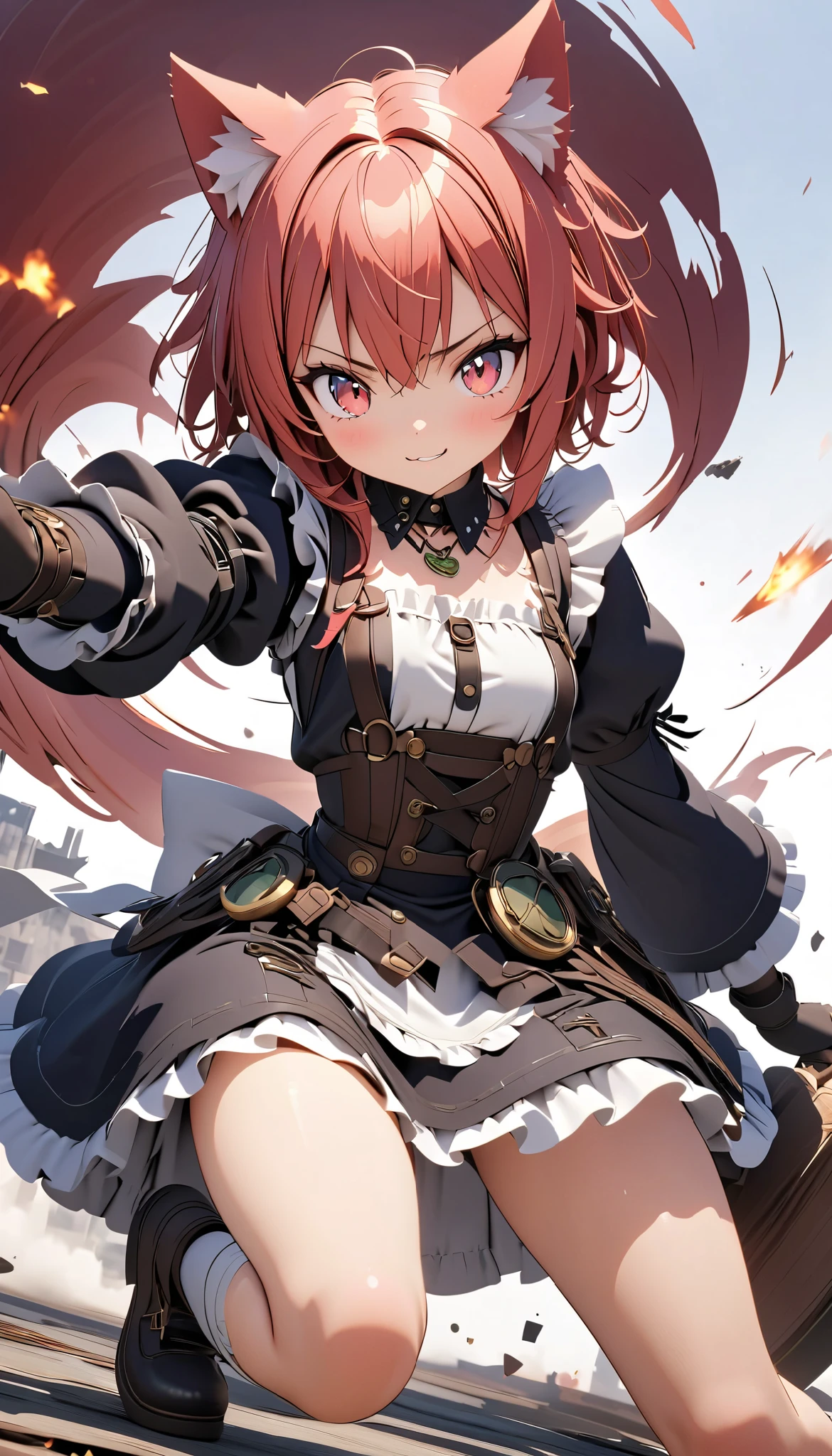 (masterpiece:1.2), ( top quality:1.2),  super high resolution ,  very detailed with crimson hair, Tactical Maid anime girl, Cat ears, Light red hair, Dreamy Girl , (1 person,Lolita, boyish,  s :1.3), Serious, Ferocious Smile,  Androgynous Charm , very short hair, messy hair, kicking,  Light Green Necklace,  Black Gloves ,  Steampunk , cute,  white background , 3d style, 3D Figures, whole body,  3d rendering,  oc rendering , 8k, from front, stand up