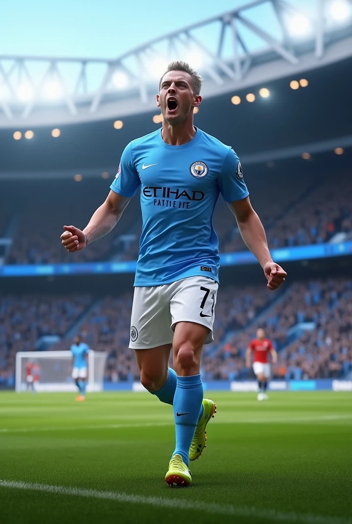 A man wearing Manchester city football jersey, looking at the audience, portrait, highly detailed POV, rich colors, very realistic, lifelike texture, dramatic lighting, standing in the football Etihad Stadium, detailed symmetrical realistic face, very natural texture detailed, highly detailed, stunning , fine details, realistic photos, RAW photos, high quality, high resolution, sharp focus, highly detailed, cinematic lighting, Best image quality, high resolution, full body,、playing along the stadium, Ball, ( ((see full body))), Edge Of Realism, lifelike textures, dramatic lighting, hdr, Etihad stadium